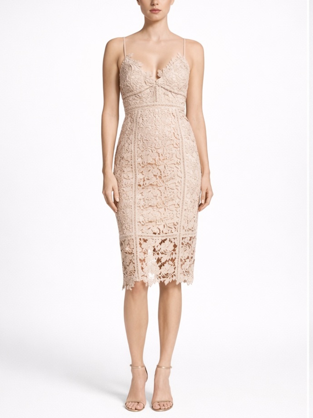 Bardot Beige Botanica Lace Cut Out Midi Dress Open Back Romantic Luxury L US 10